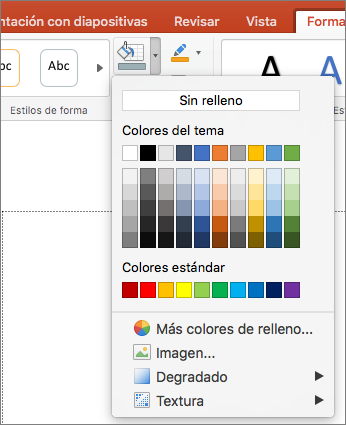 En la captura de pantalla, se muestran las opciones disponibles del menú Relleno de forma, entre las cuales se incluyen Sin relleno, Colores del tema, Colores estándar, Más colores de relleno, Imagen, Degradado y Textura.