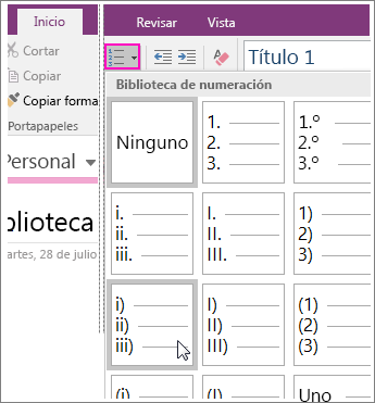 Captura de pantalla de cómo agregar numeración a una página en OneNote 2016.