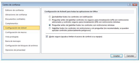 Área Configuración de ActiveX del Centro de confianza