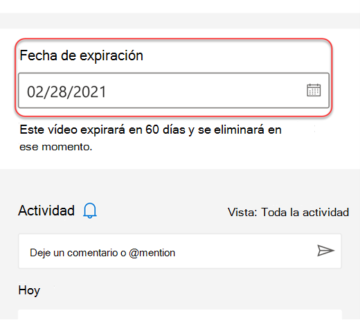 Panel de detalles que muestra la fecha de expiración de la grabación