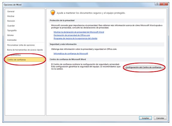 Opciones de Word donde se muestra la pantalla Configuración del Centro de confianza
