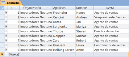 Tabla Empleados en la vista Hoja de datos