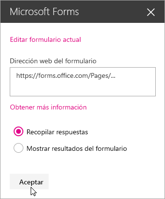 Una vez creado un nuevo formulario, el panel del elemento web Microsoft Forms muestra la dirección web del formulario.