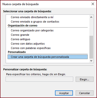 Selección la opción Crear una carpeta de búsqueda personalizada
