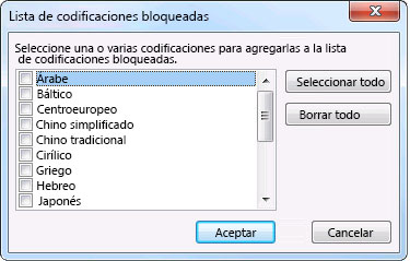 Cuadro de diálogo Lista de codificaciones bloqueadas