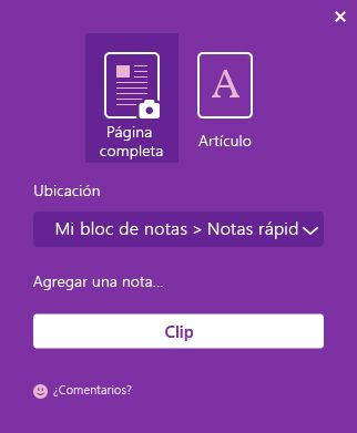 La ventana de OneNote Web Clipper