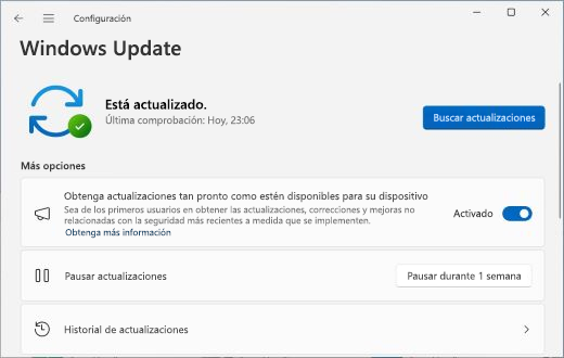 Muestra la pantalla Windows Update, con el botón de alternancia que te permite elegir si quieres obtener las últimas actualizaciones en cuanto estén disponibles.