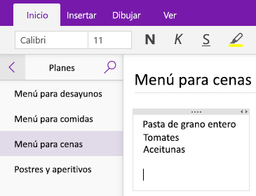 Captura de un contenedor de notas en una página de OneNote