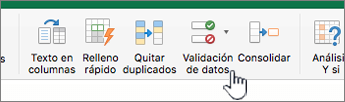 Menú Datos de la barra de herramientas de Excel con la opción “Validación de datos” seleccionada