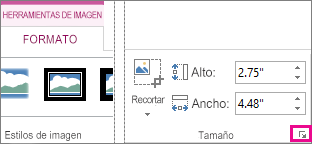 Iniciador de cuadro de diálogo en el grupo Tamaño de la pestaña Formato en Herramientas de imagen