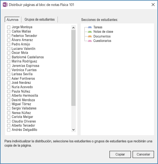 Panel Distribuir páginas con una lista de nombres de alumnos individuales con casillas y una lista de secciones de bloc de notas de alumnos de destino.