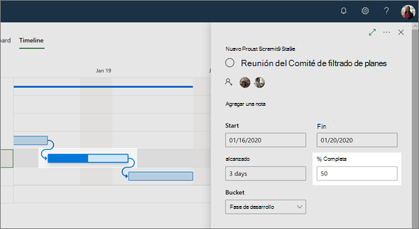 Panel de detalles de la vista escala de tiempo en Planner, que muestra el progreso en una tarea dependiente