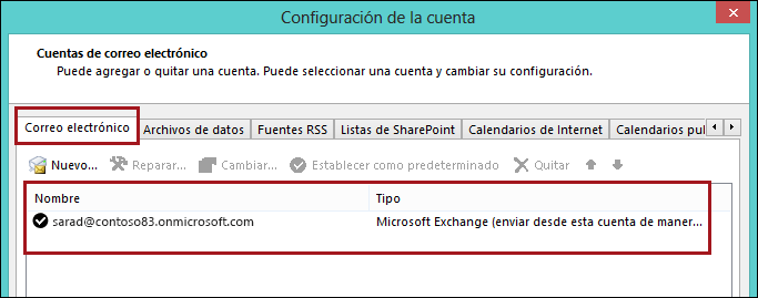 Tipo de cuenta en Outlook