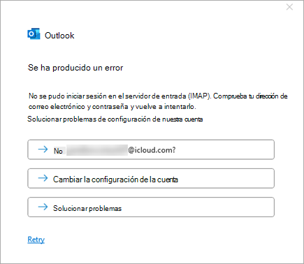 Captura de pantalla del mensaje de error Algo salió mal al agregar una cuenta de iCloud