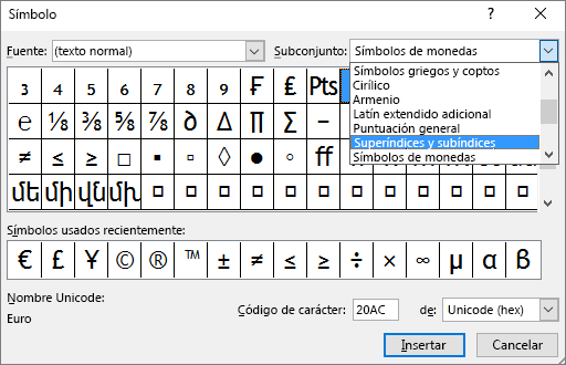 Muestra el subconjunto Subíndice y Superíndice en el diálogo Símbolo en PowerPoint.