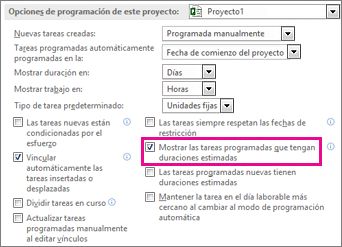 Opciones de programación de la pestaña Programación del cuadro de diálogo Opciones para esta área de proyecto