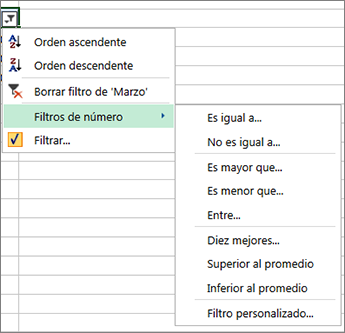 opciones de filtrado personalizadas disponibles para los valores numéricos.