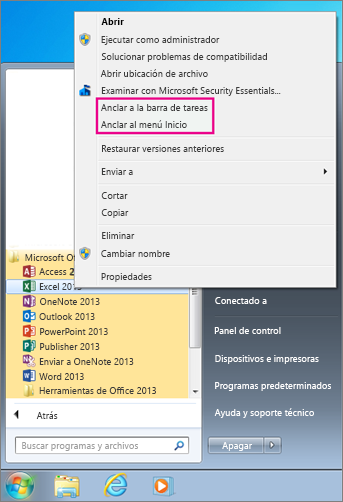 Anclar aplicación de Office al menú Inicio o a la barra de tareas en Windows 7