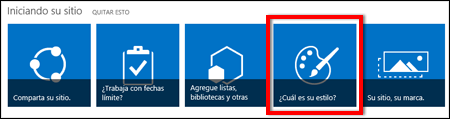 Sitio recién creado en SharePoint Online, en el que se muestra que se puede hacer clic en mosaicos para personalizar más el sitio