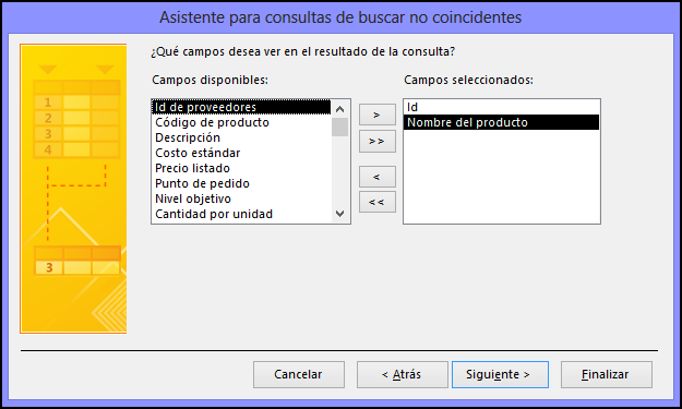 Seleccione los campos que desee ver en el resultado de la consulta en el cuadro de diálogo Asistente para consultas de buscar no coincidentes.