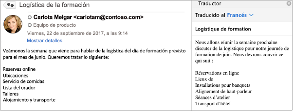 Este mensaje se tradujo del inglés al francés con el complemento Traductor de Outlook