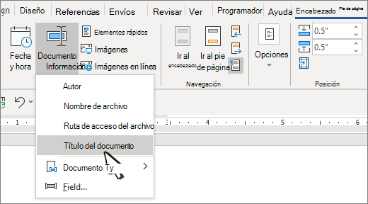 Cinta de opciones de encabezado con información del documento resaltado