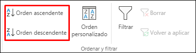 Botones de Orden ascendente o descendente de Excel en la pestaña Datos