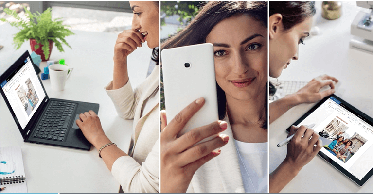 Mujer en con un equipo portátil, un teléfono y una tableta