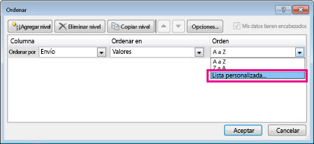 Cuadro de diálogo Ordenar