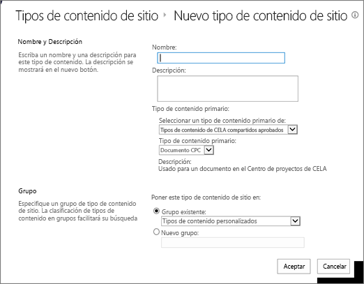 Cuadro de diálogo de creación de tipos de contenido