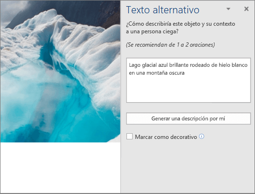 Nuevo cuadro de diálogo de texto alternativo en el que se muestra el texto alternativo generado automáticamente en Word