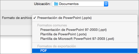 Muestra la opción de PDF en la lista de Formatos de archivo en el cuadro de diálogo Guardar como en PowerPoint 2016 para Mac.