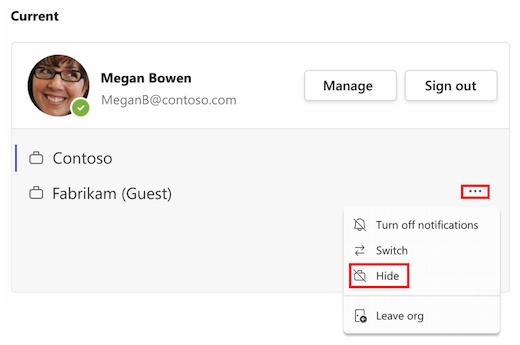 Un cuadro rojo resalta Más opciones junto a una organización de invitado en la configuración de la cuenta. Un segundo cuadro rojo resalta la opción Ocultar.