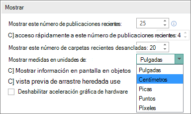 Configuración de visualización avanzada que permite cambiar las unidades de mearsurement.