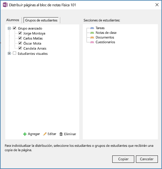 El panel Distribuir páginas del bloc de notas de clase que contiene una lista de grupos de alumnos con casillas y una lista de secciones de destino en los blocs de notas de los alumnos.