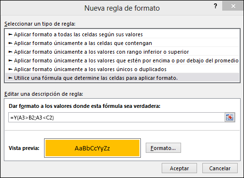 Cuadro de diálogo Formato condicional > Editar regla con el método de fórmula