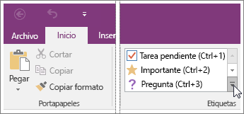 Captura de pantalla de la lista de etiquetas en OneNote 2016.