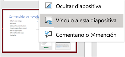 Muestra el vínculo a este menú contextual de diapositiva