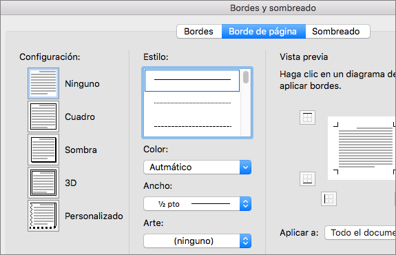 Seleccione el estilo, el color y el ancho del borde de página
