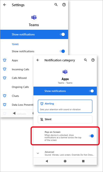 Imagen muestra que se permite la pantalla emergente para las notificaciones en Microsoft Teams