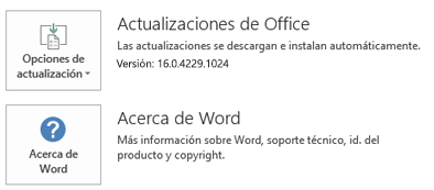 Cuando se ha instalado Office mediante la tecnología de Hacer clic y ejecutar, la información de Aplicación y Actualización tiene este aspecto.