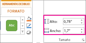 Cuadros Alto y Ancho en la pestaña Formato en Herramientas de dibujo