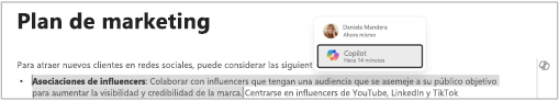Captura de pantalla que muestra el texto que generó Copilot, incluido cuándo se agregó el contenido