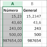 Muestra de cómo aparecen números con diferentes formatos, como los formatos General y Número.