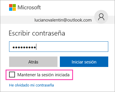 Captura de pantalla de la página Inicio de sesión de Outlook.com, con la casilla Mantener la sesión iniciada