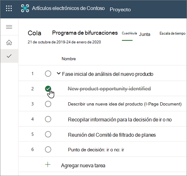 La vista de cuadrícula en Planner, con una tarea completada seleccionada