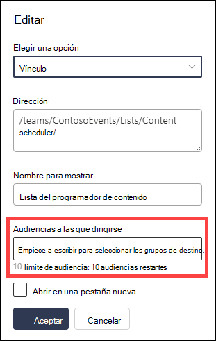 El campo Audiencias a destino está resaltado.