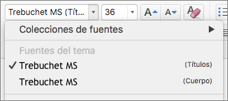 En la captura de pantalla, se muestran las opciones de Fuentes del tema para los encabezados y el cuerpo que están disponibles a través del control desplegable Fuente del grupo Fuente de la pestaña Inicio.