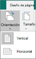 Pestaña Diseño de página con Orientación seleccionada y opciones de Vertical u Horizontal.