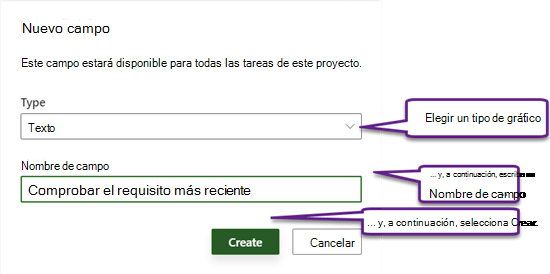 Cuadro de diálogo Nuevo campo en Project Power App